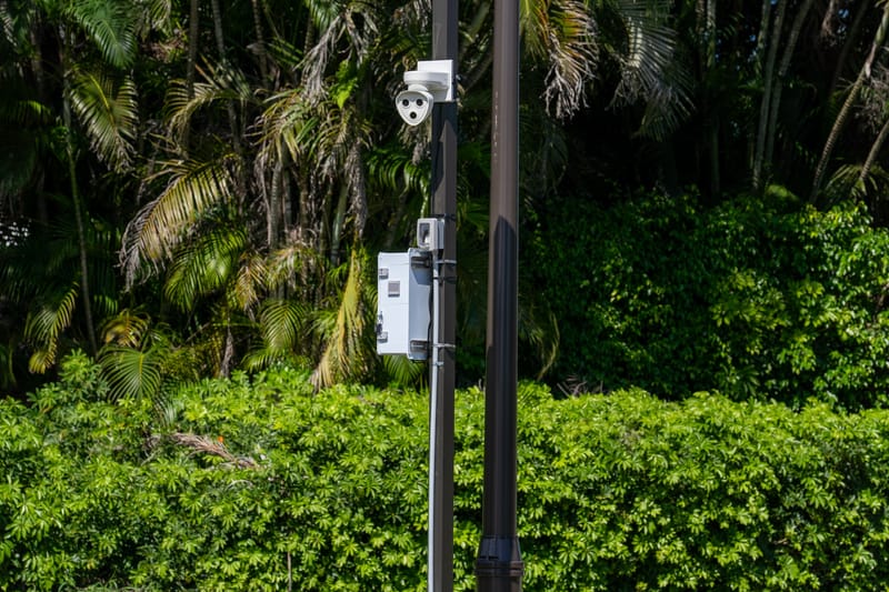 Camera mounted on a pole above community landscaping