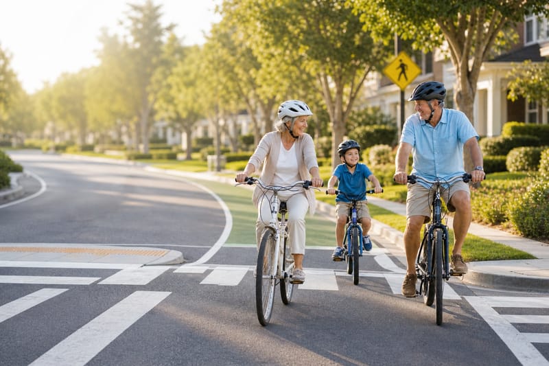 Crosswalk with pedestrian crossing sign on a community road