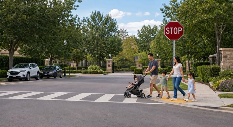 Stop sign and crosswalk at a community intersection